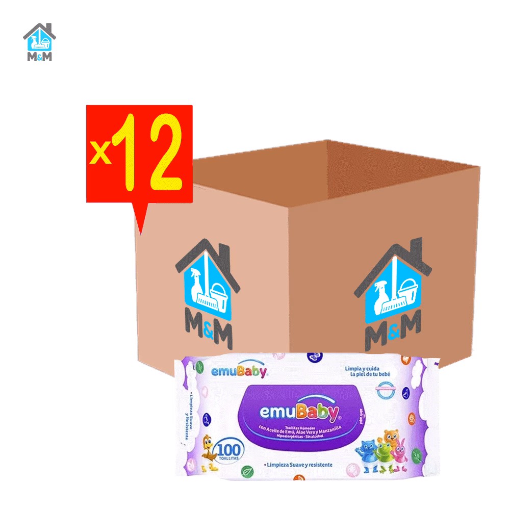 caja 12 paquetes 100 toallitas humedas bebe emubaby sin tapa