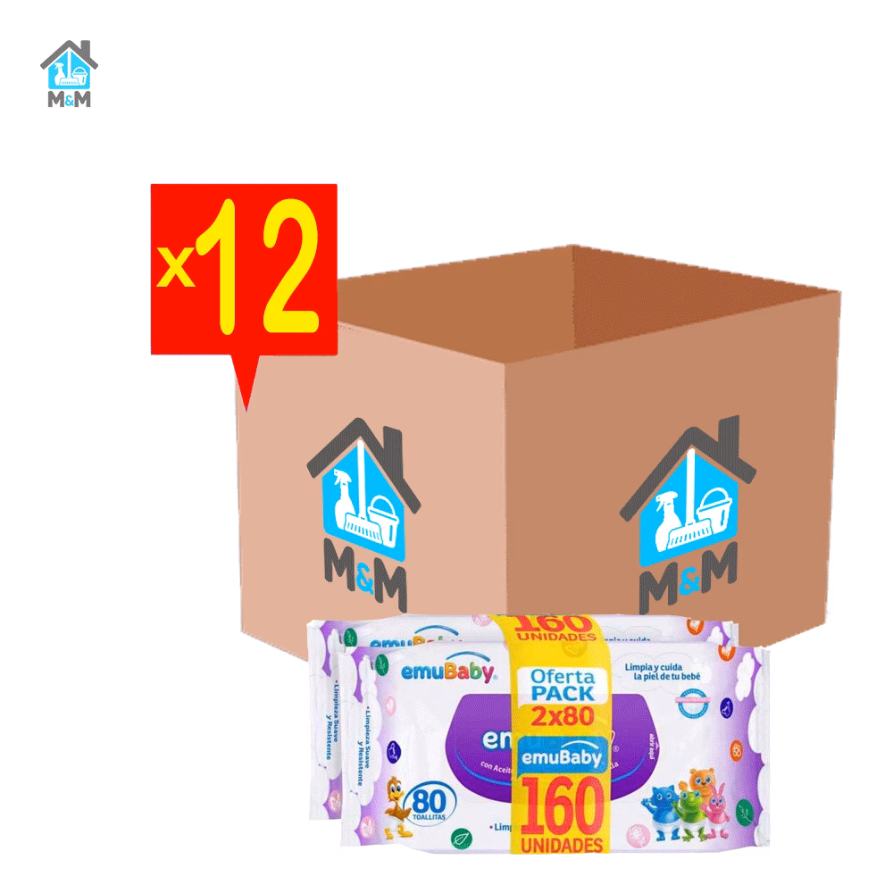 caja 12 paquetes 160 toallitas humedas bebe emubaby sin tapa
