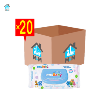 caja 20 paquetes 50 toallitas humedas bebe emubaby con tapa