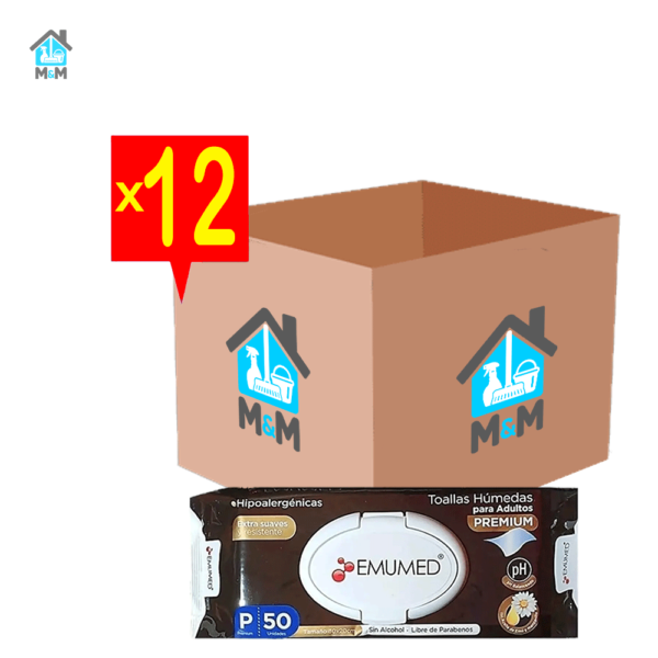 caja 12 paquetes toallas humedas adulto hipoalergenicas emumed