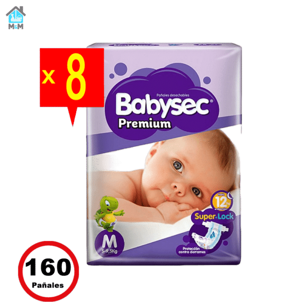 8 paquetes 160 pañales bebe babysec premium talla m morado