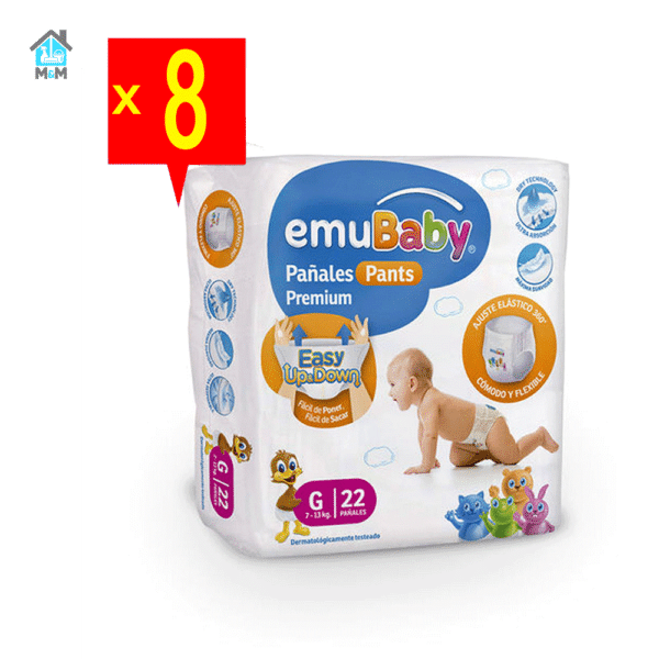 8 pack 176 pañales pants premium emubaby talla g burdeo