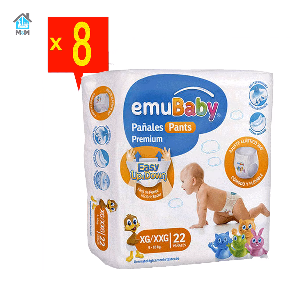 pack 8 paquetes 176 pañales pants premium emubaby talla xg xxg naranja