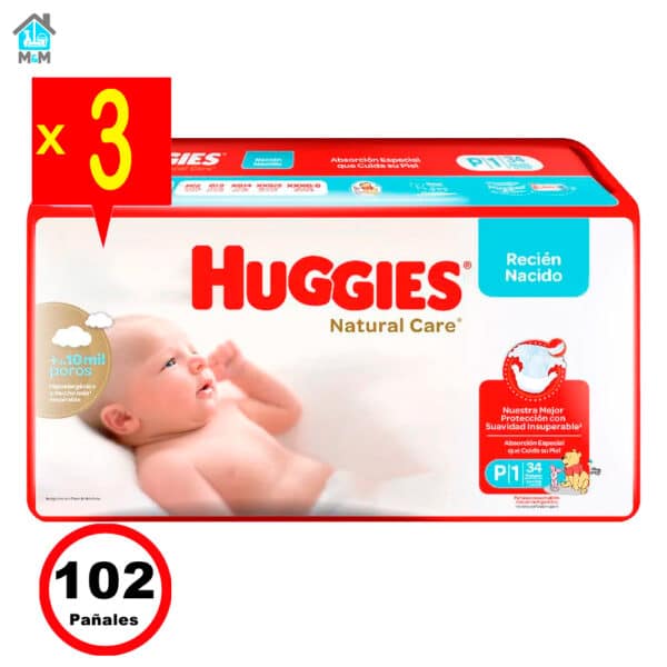 3 paquetes 102 pañales bebe huggies natural care recien nacido talla p winnie disney