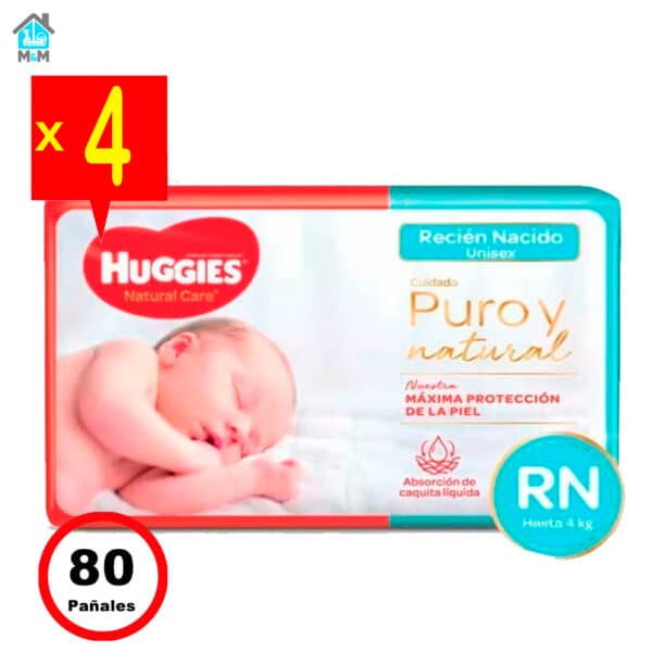 4 paquetes 80 pañales bebe huggies natural care recien nacido rn