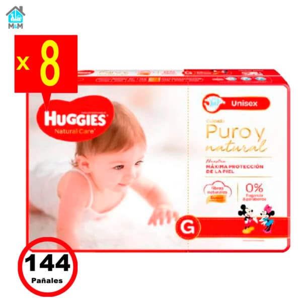 8 paquetes 144 pañales bebe huggies natural care talla g minnie mickey mouse