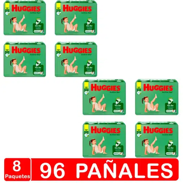 8 paquetes 96 pañales bebe hugigies active sec xxxg verde