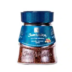 frasco vidrio cafe soluble liofilizado colombiano juan valdez avellana azul