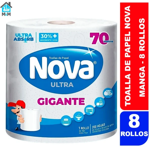 manga 8 rollos toalla de papel nova ultra gigante 70 metros