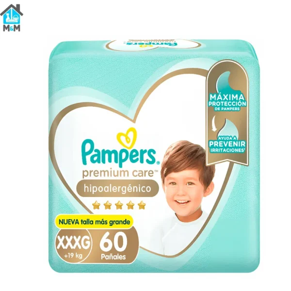 paquete 60 pañales bebe pampers premium care hipoalergenico xxxg verde