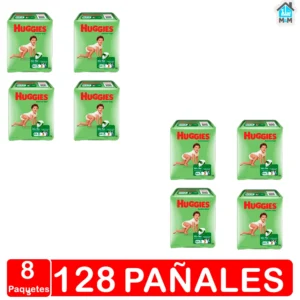 8 paquetes 128 pañales huggies active sec verdes talla g