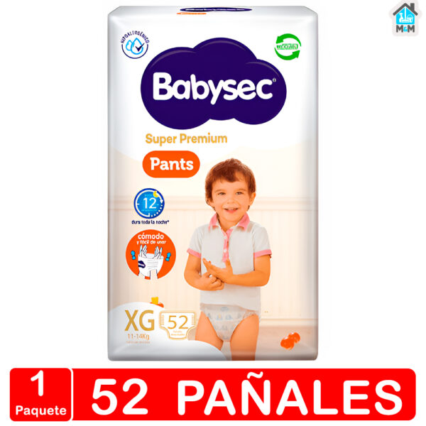 1 paquete 52 pañales bebe babysec super premium talla xg 52 blanco pants