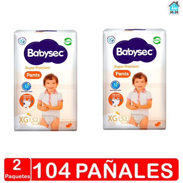 2 paquetes 104 pañales bebe babysec super premium talla xg 52 blanco pants