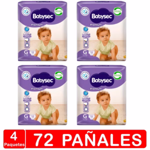 4 paquetes 72 pañales bebe babysec premium talla G morado superflex hipoalergenico