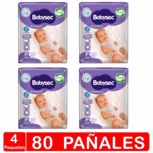 4 paquetes 80 pañales bebe babysec premium talla P morado hipo