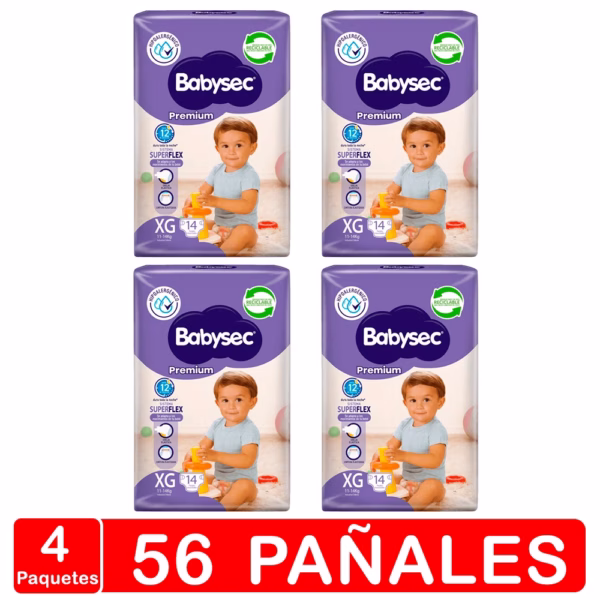 4 paquetes 56 pañales bebe babysec premium talla XG hipo reciclable