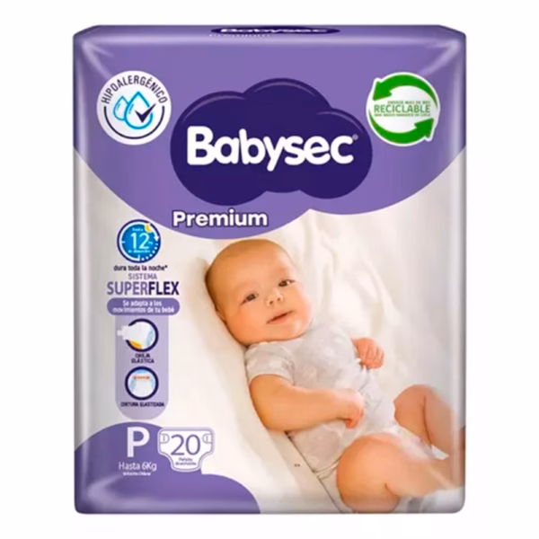 paquete pañales bebe babysec premium talla p 20 unidades morado