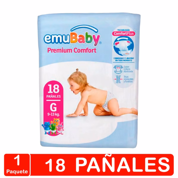 Pañales Emubaby Confort – Talla Grande(g) – 18 Unidades