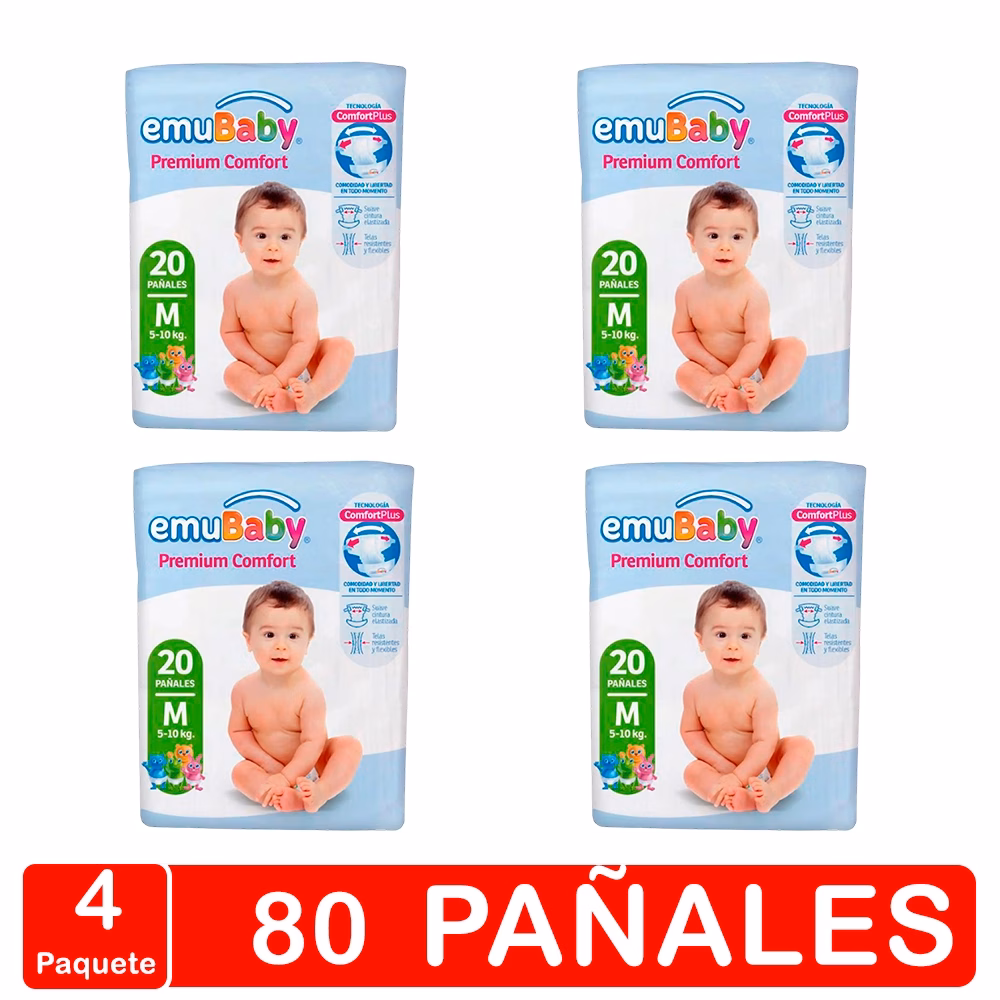 4 paquetes 80 pañales bebe emubaby confort talla M blanco celeste