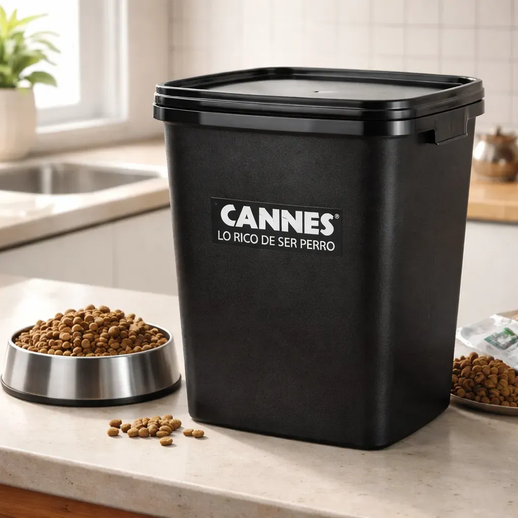 contenedor negro cannes con plato comida de perro